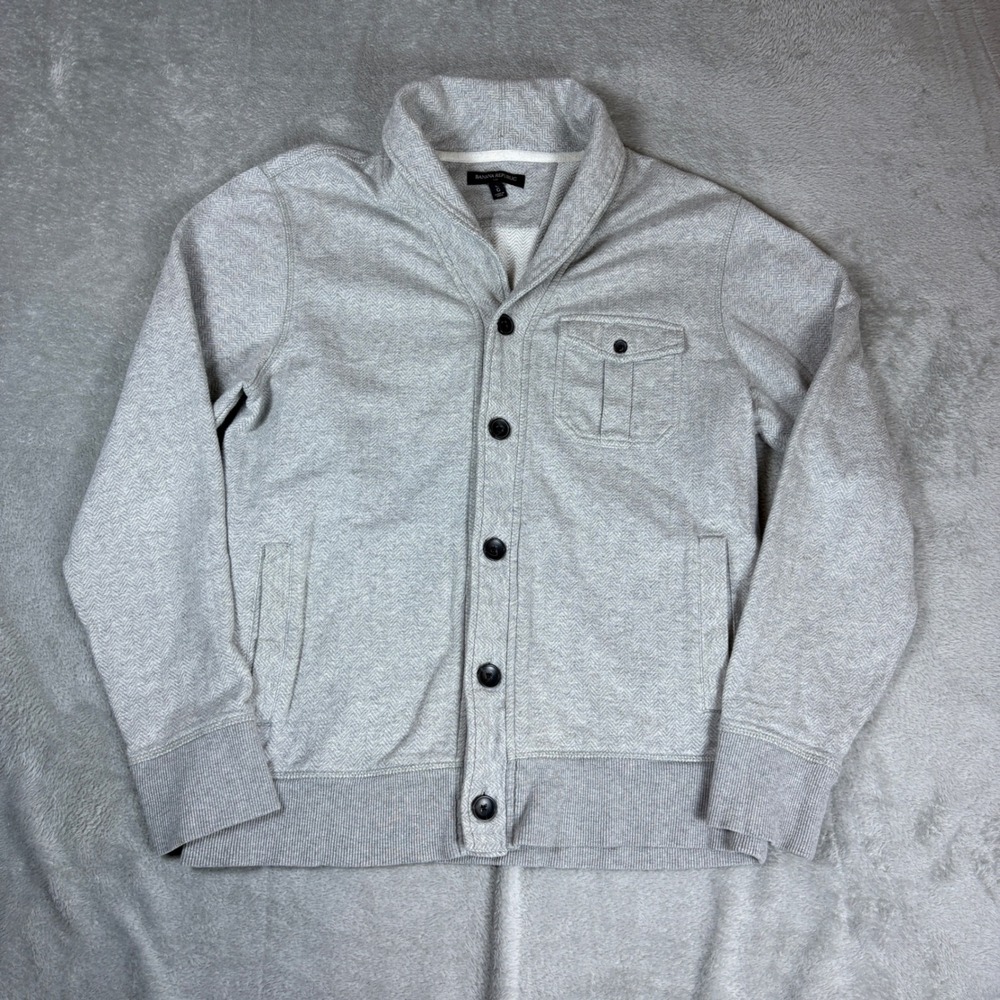 Banana Republic Sweater Men Large Shawl Collar‎ Herringbone Button Front Grey